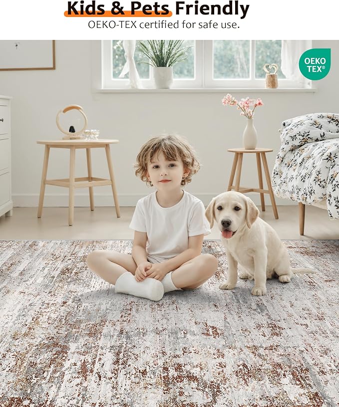 Art&Tuft 6x9 Area Rugs, Anti-Slip Backing Abstract Area Rug 6x9, Stain Resistant 6x9 Rugs for Living Room, Foldable Machine Washable Area Rug(6'x9', Rust)