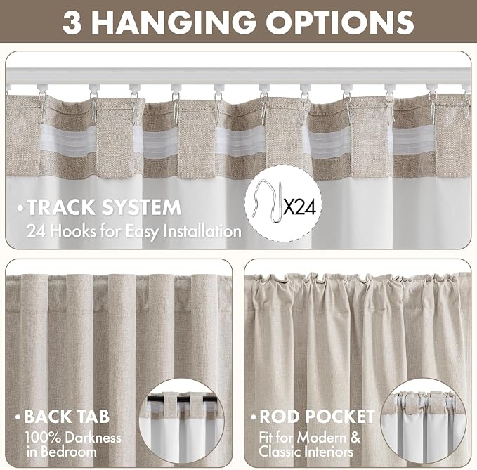 MIULEE 100% Blackout Linen Curtains for Bedroom 96 inches Long, Thermal Insulated Room Darkening Black Out Drapes for Living Room, Back Tab Rod Pocket, 2 Panels Set, 40 Wide x 96 Length, Beige
