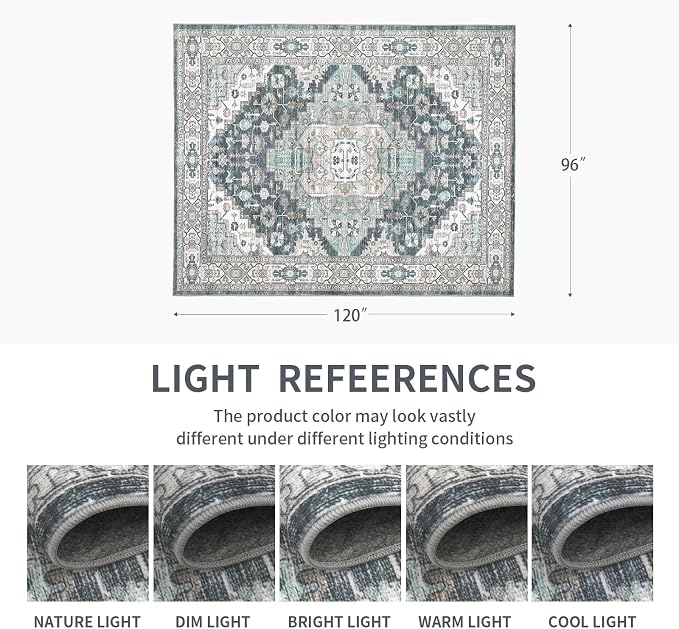 8x10 Vintage Washable Area Rug for Living Room,Low Pile Non Slip Carpet Non-Shedding Large Area Rug Soft Indoor Stain Resistant Rug Boho Print Mat for Bedroom Dining Room Blue Beige Multi