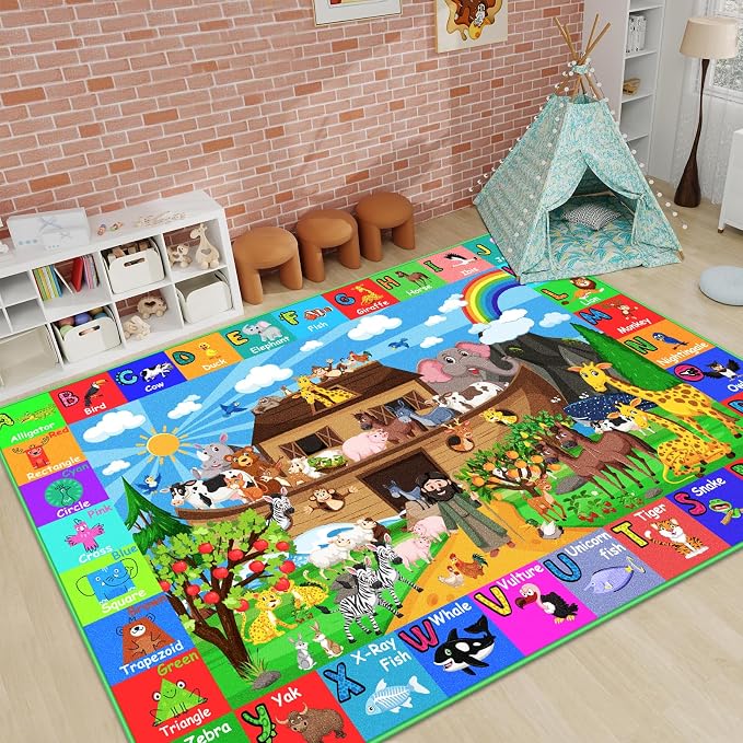 ABC Kids Rug for Playroom 78.7×59 in Noah's Ark Animals Rug Play Mat Alphabet Playmat Shape Color Classroom Carpet Kids Playroom Early Learning Carpet for Preschool Tummy Time