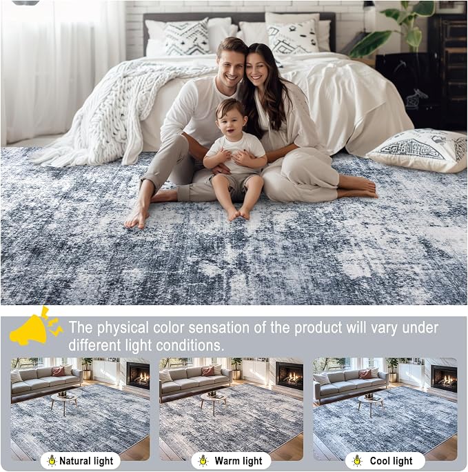 Area Rugs 9x12 Living Room - Washable Rug Modern Abstract Soft Large Neutral Non-Slip Carpet Indoor Floor Thin Carpets for Bedroom Dining Room Farmhouse Nursery Home Office Grey Blue