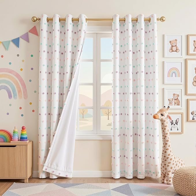 MEETSKY 100% Blackout Curtains for Kids Bedroom 90 Inch Length 2 Panels,Full Light Blocking Curtains for Living Room Grommet Thermal Insulated 2 Layered Drapes with Rainbow Pom Pom Sheer 52"W x 90"L
