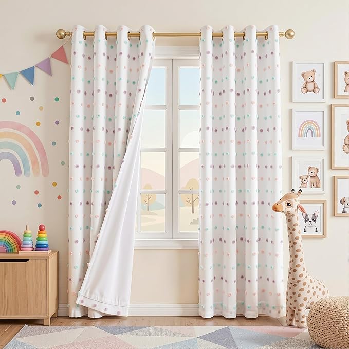 MEETSKY 100% Blackout Curtains for Nursery Bedroom 84 Inches Long 2 Panel, Total Light Blocking Grommet Thermal Insulated Window Curtains with Rainbow Pom Pom Sheer for Girls Room, 52" W x 84" L