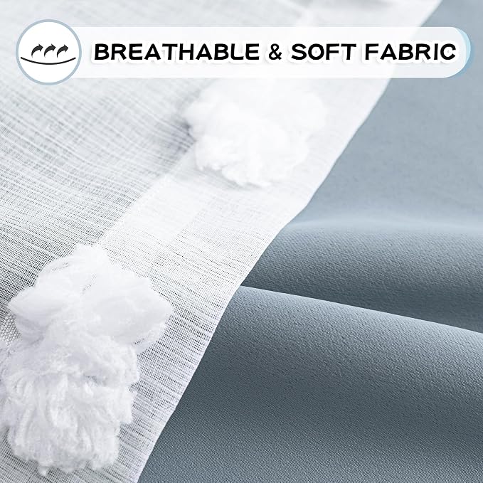 MYSKY HOME Room Darkening Curtains White Sheer Pom Pom Curtains for Living Room Dusty Blue Blackout Curtains for Sliding Door Decor Drapes 2 Layer Window Panels Boys Bedroom Grommet 2 Sets W52 X L95
