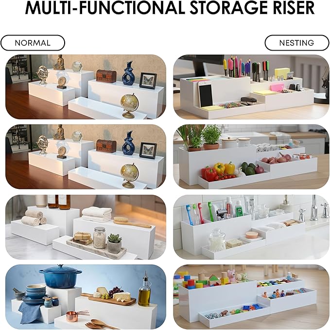 4cs Large Rectangle White Acrylic Buffet Riser Set Sizes (13" to 15") - Buffet Risers for Buffet Table, Display Stand Shelf for Catering Dessert Collectibles Jewelry Figures Show, Stackable Food Risers With Hollow Bottoms