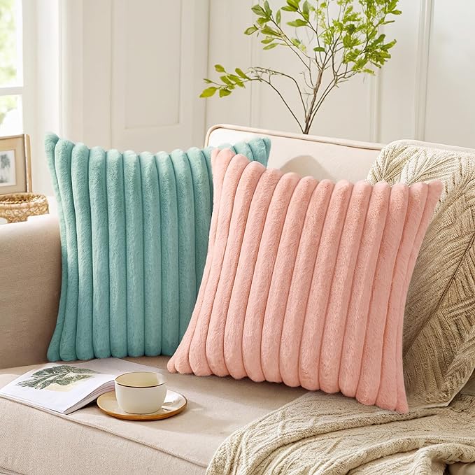 Pallene Faux Fur Plush Throw Pillow Covers 18x18 Set of 2, Luxury Soft Fluffy Striped Decorative Pillow Covers for Sofa, Couch, Living Room, Pink