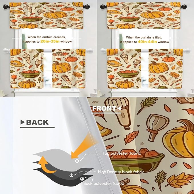 Shrahala Thanksgiving Seamless Pattern Blackout Curtain Tiers, Pumpkin Apple Pear Leaves Kitchen Valance Light Blocking Tier Drapes with Rod Pocket, 2 Pack 26 X 24 in