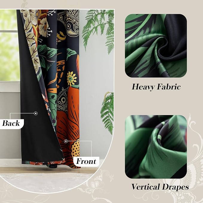 Tyrot Black Boho Floral 100% Blackout Curtains for Bedroom 84 inch Long 2 Panels Vintage Botanical Black Out Curtains for Living Room Grommet Thermal Insulated Room Darkening Window Drapes,52Wx84L
