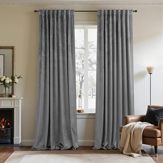 Grey Velvet Curtains 108 Inches Long 2 Panels Luxury Crush Velvet Blackout Drape Gray Back Tab Design Thermal Insulated Soundproof Noise Reducing Window Covering for Living Room French Door W52 x L108