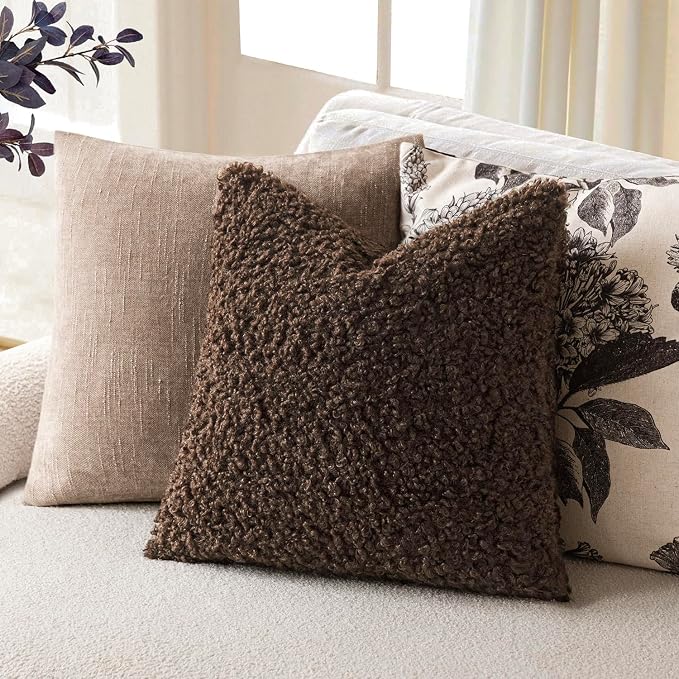 Foindtower 2 Pieces 16x16 Inch Dark Brown, Faux Fur Throw Pillow Cover Accent Sherpa Furry Pillow Covers Fuzzy Soft Pillowcases Cozy Sheepskin Decorative Fleece Cushion Case for Bed Couch Living Room