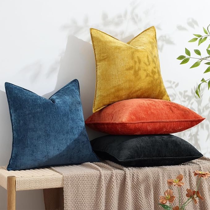 decorUhome Fall Couch Throw Pillow Covers 18x18 Set of 2, Decorative Soft Velvet Modern Cozy Chenille Pillow Cases with Elegant Design for Sofa Bed Living Room Home Decor, Black