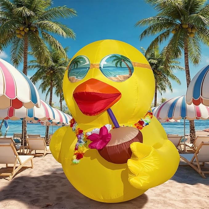 6 FT Giant Inflatable Duck, Summer Inflatables Outdoor Decorations for Yard | Blow Up Duck with Hawaiian Leis, Luau Party Decorations, Powerful Blower & LED Lights, Pool Beach Tropical Lawn Party Decor