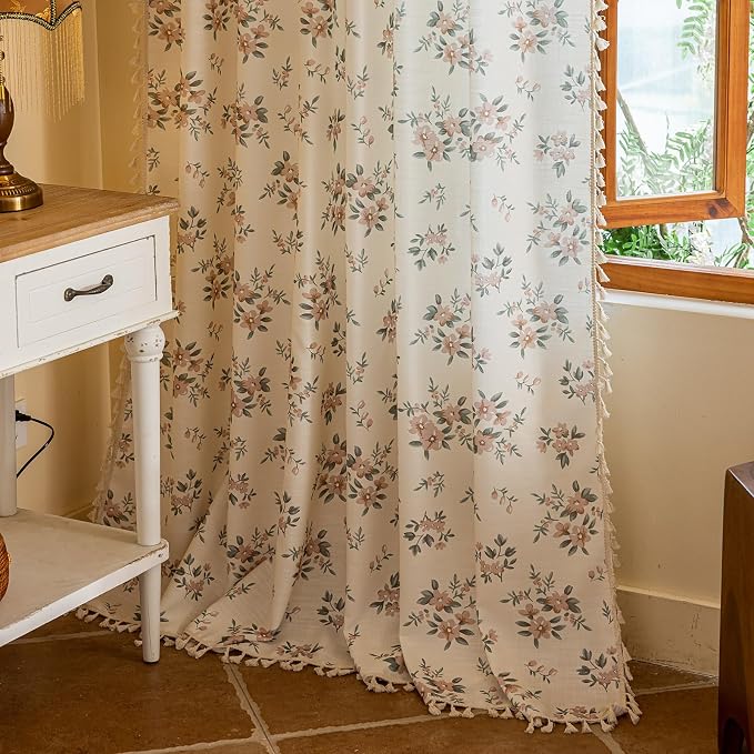 OYX Boho Floral Curtains 96 Inch, Pink Flower Farmhouse Drapes with Tassels, Linen Textured Light Filtering Semi Sheer Curtains for Living Room Bedroom, 2 Panels, Rod Pocket, 52Wx96L