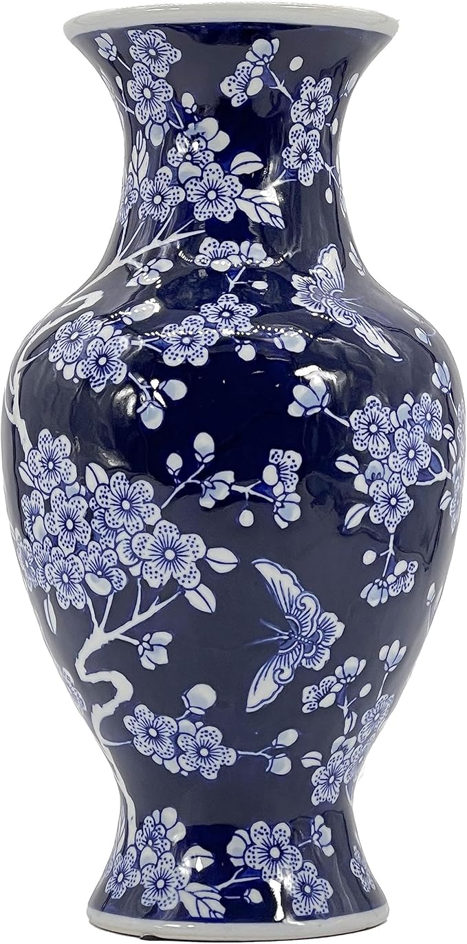 Galt International 14” Hand Painted Chinoiserie Ceramic Vase – Antique Style Porcelain Flower Bottle by Galt International, Fishtail Chinese Vase for Home Decor & Centerpiece - Dark Blue Floral