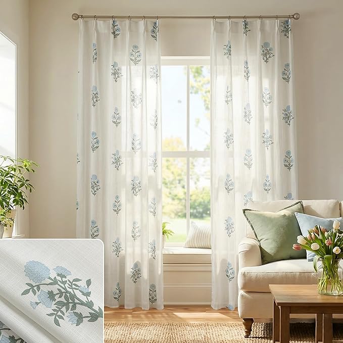 Custom 102 Inch Long Floral Pinch Pleated Curtains, High End Luxury Floor Length Pleat Drapes for 9FT Ceiling, Blue and Green Pattern Linen Semi Sheer Drapery Panels for Living Room Bedroom