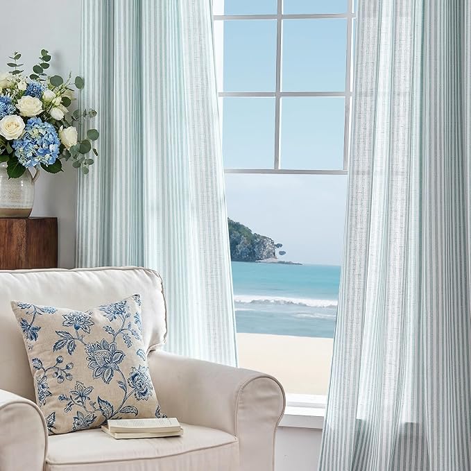 jinchan Linen Curtains 96 inch Aqua Blue Stripe on White Grommet 2 Panels | Curtains for Living Room Bedroom,Ticking Vertical Stripe ,Modern Beachy Coastal Drapes,Window Treatment,Light Filtering
