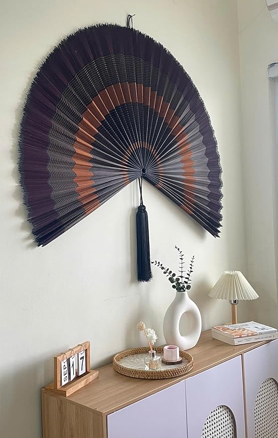 ChumDecor Fan Wall Decor,Japanese Wall Fan Decor,Large Bamboo Fan Wall Art for Boho Hanging Headboard,Decorative Folding Fan for Over Bed Decorations,Large Wall Dcor (Ebony, 48inch)