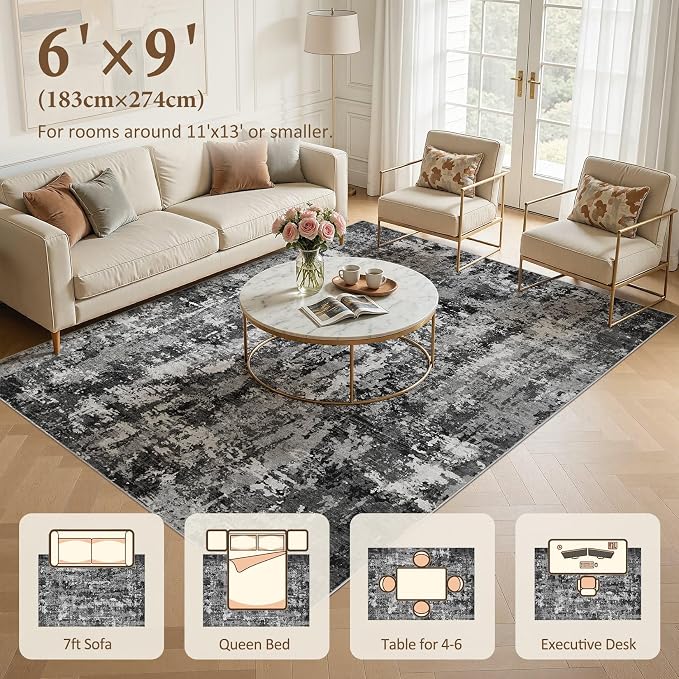 6x9 Area Rug Living Room Rugs: Washable Large Soft Abstract Modern Neutral Rug Stain Resistant & Non-Slip Low-Pile Carpet for Bedroom Dining Nursery Home Office Room Decor - Black