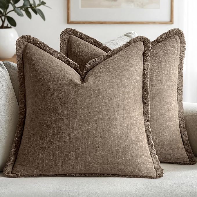 MIULEE Decorative Throw Pillow Covers Neutral Linen Fringe Throw Pillows Set of 2 Cocoa Brown Boho Farmhouse Cushion Covers for Couch Sofa Bed Living Room Fall Home Decor 20x20 Inch