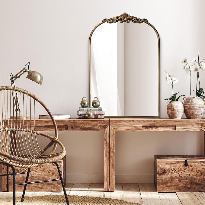 Ornate Baroque Vintage Gold Mirror - 24"X36" Arched Antique Brass Mirror with Full Metal Frame - Perfect for Entryway, Fireplace, Living Room, Hallway, or Bathroom Décor