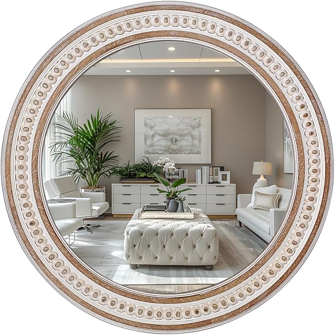 24 Inch Round Bathroom Mirror, Wooden Circular Mirrors for Wall Decor | Rustic Farmhouse Styling Adds Cozy Character Above Sinks, Vanities, Consoles, Dressers, Mantels, or Sofas