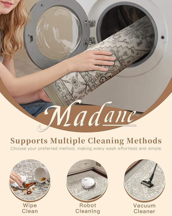 Madane Washable Area Rug 2x3, Small Entryway Rug Non-Slip Vintage Door Mat Indoor Entrance, Low Pile Floor Carpet for Inside Front Door Bedroom Kitchen Entry Laundry (2'x3', Beige/Brown)