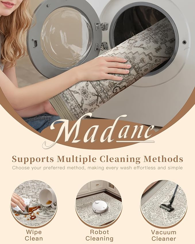 Madane 4x10 Wide Hallway Runner Rug Washable for Living Room, Beige/Brown | Soft Stain Resistant Ktichen Runners 10ft, Vintage Non Slip Low Pile Area Rugs, Thin Floor Carpet for Bathroom Dining Bedroom