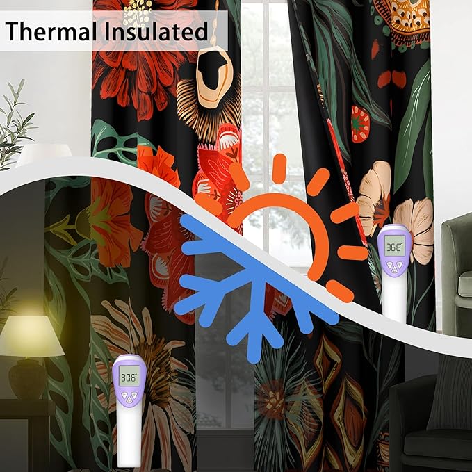 Tyrot 100% Blackout Black Boho Floral Curtains 45 Inch Long 2 Panels Mid Century Modern Botanical Grommet Thermal Insulated Room Darkening Black Out Window Drapes for Kitchen, 52Wx45L
