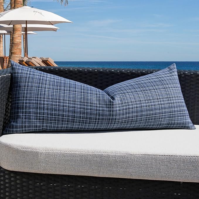 Kevin Textile Outdoor Waterproof Throw Pillow Covers 14x36 Inch Pack of 1 Woven Faux Linen Decorative Water Resistant Long Body Lumbar Cushion Covers for Tent Patio Garden Couch Sofa Navy Blue