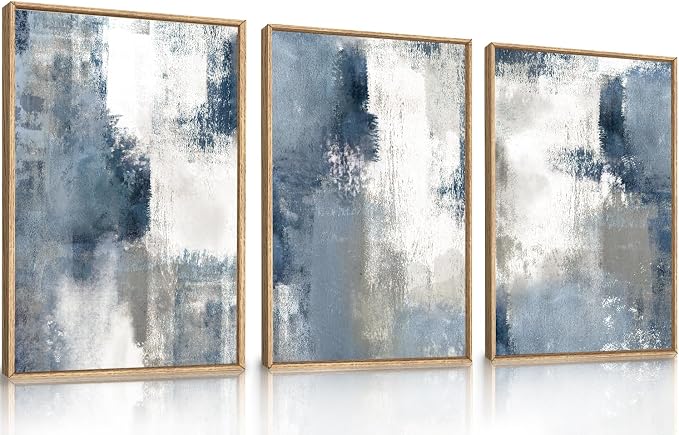 LHIUEM Large Abstract Brush Strokes Framed Canvas Wall Art Set,Navy Blue and Gray Wall Decor,Modern Color Block Shape Artwork,Minimalist Neutral Blue Printing for Living Room,Bedroom, Office-24''x36''x3