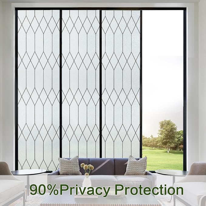 Windimiley Window Privacy Film Stained Glass Static Clings, Bathroom Frosted Leaded Decorative Window Stickers, UV Heat Blocking Opaque Removable for Home Door Coverings (35.4 x 394in,Pure)