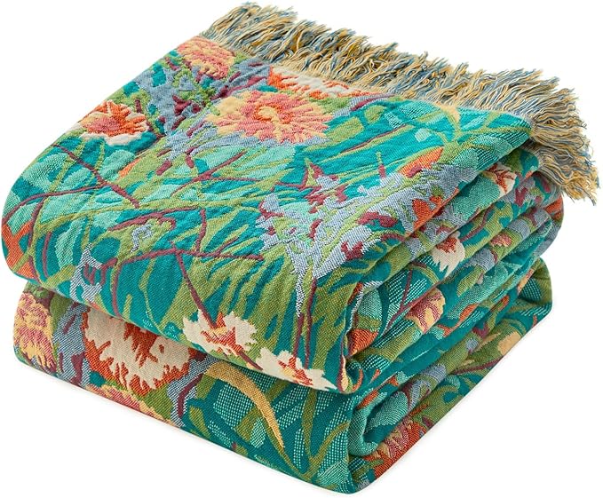 LUTBM Boho Throw Blanket for Couch Sofa Chair Cotton Spring Breathable Blankets for Bedroom Living Room All Season Soft Lightweight Reversible Floral Embroidery Throws 50"x60" Home Decor