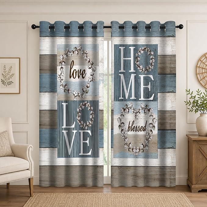 Blue Gray Rustic Window Drapes, Farmhouse Wood Plank Blackout Curtains, Room Darkening Grommet Panels for for Living Room Bedroom Decor 2 Panels 52"x84" Inch