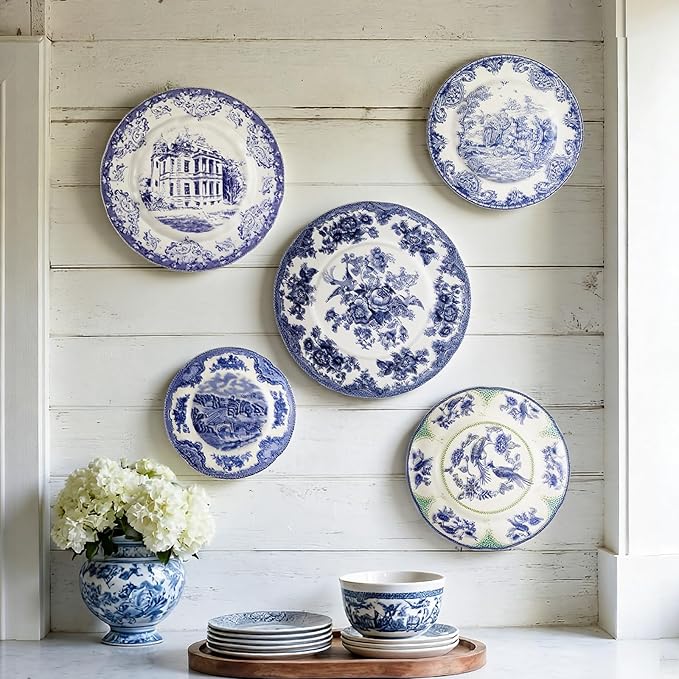 5 Pcs Coastal Vintage Ceramic Wall Plates Set, Blue and White Decoration Hanging Plates with Botanical Patterns, Holland Vintage Gifts for Wall, Home Office Art Ornament(Architecture)