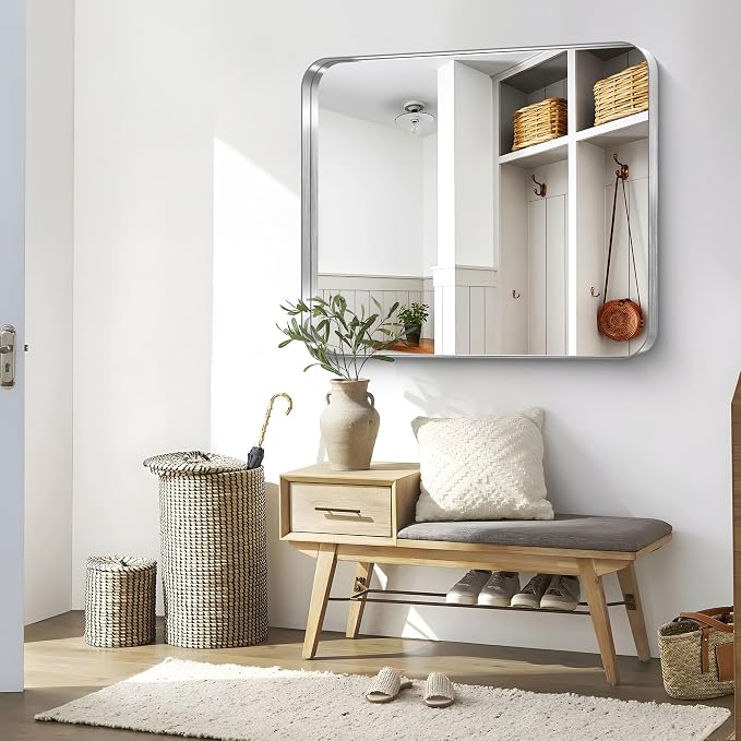 CIRCUMI Silver Bathroom Mirror, 40"x48" Rectangular Mirror with Deep Metal Frame, Rounded Corner, Tempered Glass, Large Mirror for Wall, Over 2 Sinks, Installed Vertically/Horizontally, Crystal-Clear