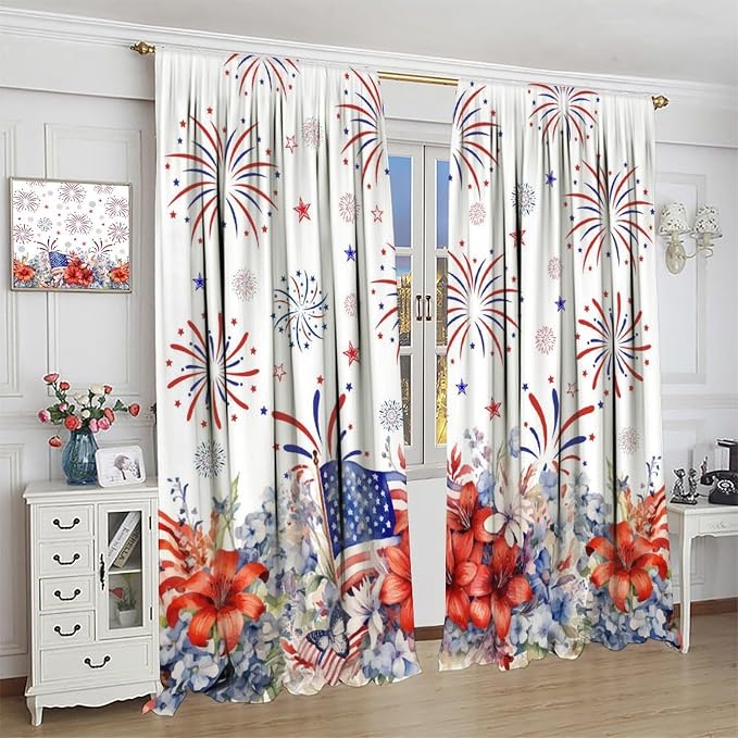 Independence Day Curtains, 4th of July Red Blue Floral Patriotic Star American Flag Drapes for Bedroom Living Room Kitchen Window Treatment 2 Panels Set Total Size 72" W X 63" L Inch