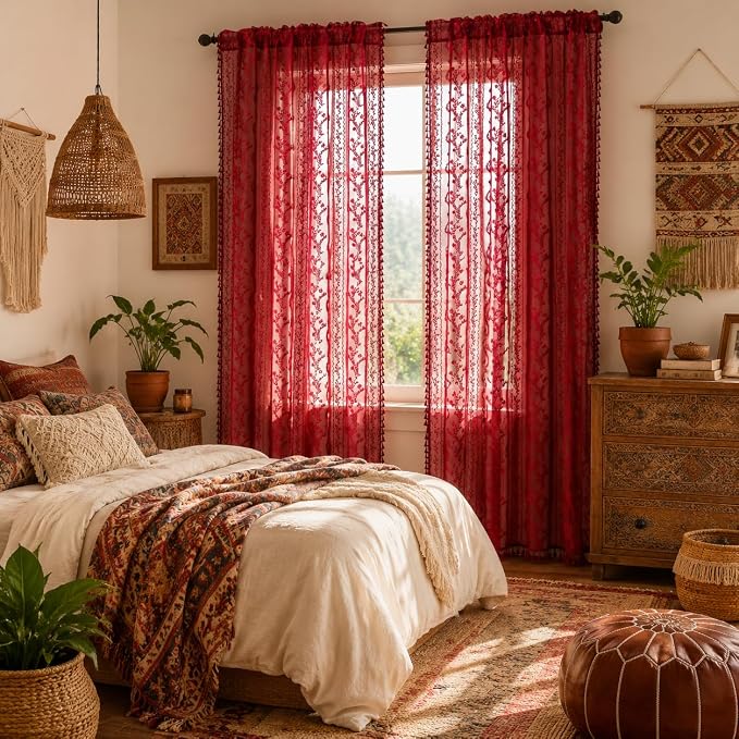 WAZZIO Boho Lace Curtains 2 Panels 84 Inch -Victorian Sheer Panel Drape French Country Floral Pattern & Tassel Light Filtering Privacy for Bedroom Dining Living Room,Burgundy Red,W52x L84
