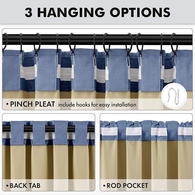 MIULEE 100% Blackout Linen Curtains for Bedroom, Blue Solid Luxury Decor Thermal Insulation Room Darkening Drapes for Living Room Back Tab Rod Pocket 42 x 63 Inches, 2 Panels
