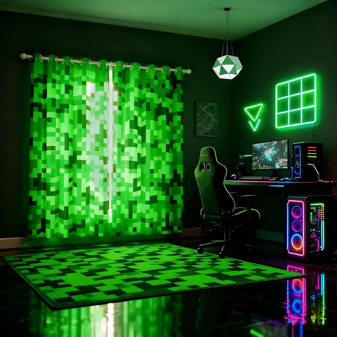 Green Pixelated Miner Curtains,Video Games Kids Window Curtain,Curtains for Boys Bedroom Decor,Cartoon Gamepad Blackout Window Treatment Curtain Modern Geometric Check Drapes, 2 Panels Set ,38Wx54L