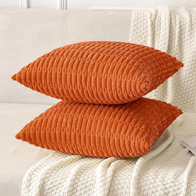 MIULEE Fall Pack of 2 Orange Corduroy Decorative Euro Sham Pillow Covers 22x22 Inch Soft Boho Striped Throw Pillow Covers Modern Farmhouse Home Decor for Sofa Living Room Couch Bed