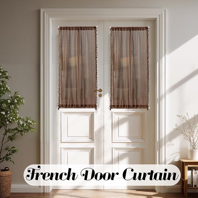 Sutuo Home Caramel Door Window Curtains for Drapery Glass & Sidelights, Boho French Country Style Tassels Vintage Drapes for Front Door Patio Decor, Rod Pocket 2 Panels 25" W x 40" L Dark Coffee