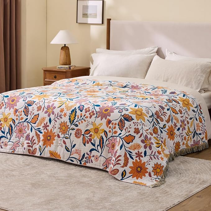 100% Cotton Boho Throw Blanket for Home Decor – Classic Farmhouse Quilt Bedding, Muslin Blankets for Adults, Vintage Woven Decorative Blanket for Couch, Bed Layering Use, Botanic Floral, 104"x90"