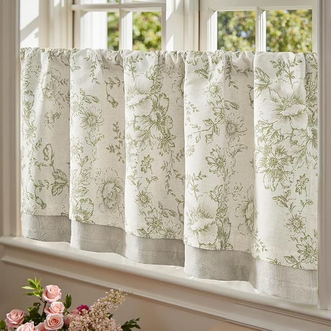 jinchan Linen Kitchen Curtain 24 Inch French Floral Double Layer Curtain Farmhouse Vintage Tier Drape Rustic Half Window Curtain for Living Room Window Treatment Rod Pocket 1 Panel Green on Beige