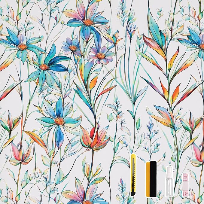 Donox Window Privacy Film, Frosted Stained Glass Window Films, Static Cling Non-Adhesive Decorative Windows Sticker for Front Door Bathroom, Heat Control Anti UV(Blue Lotus,17.5 x 78.7 Inches)