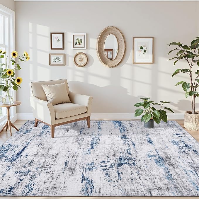 Area Rugs 6x9 Living Room: Large Modern Abstract Washable Rug Soft Anti-Skid Non-Shedding Carpet Indoor Floor Thin Carpets for Bedroom Dining Room Farmhouse Nursery Home Office White Blue Grey