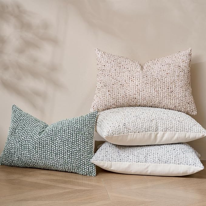 DEZENE Striped Throw Pillow Covers 12x20 Set of 2 Beige Textured Boucle Chic Morden Boho Accent Farmhouse Rectangular Lumbar Decorative Couch Pillow Covers for Home Decor Bed Sofa Living Room