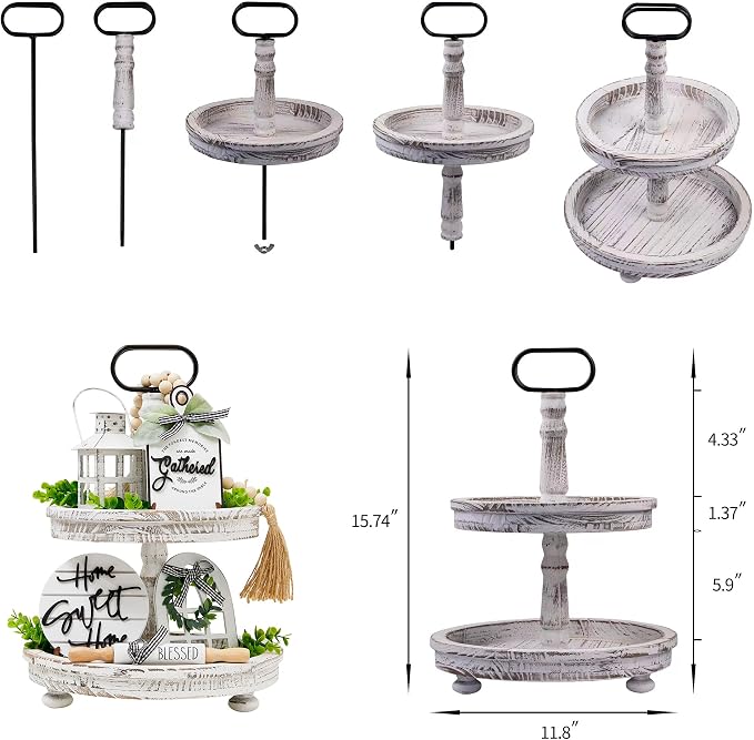 Houmury Set of 17 Farmhouse Tiered Tray with 1 Lantern Artificial Plant& Cutting Board Sign for Rustic Home Sweet Home Kitchen Decor Tier Tray Decor Set