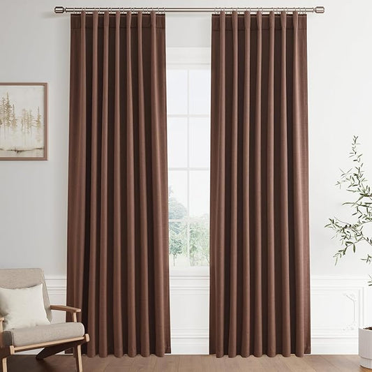 Joywell 100% Blackout Linen Curtains 84 Inch for Bedroom Window Black Out Curtain Back Tab Hook Belt 2 Panels Set Thermal Insulated Drapes for Living Room Office 52 x 84,Caramel Brown