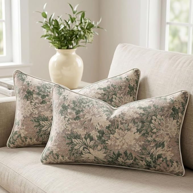Vintage Floral Throw Pillow Covers 12x20 Inches Set of 2 Lumbar Boho Pillow Cases Premium Chenille Textured Decorative Cushion Covers for Couch Retro Garden Farmhouse Style Grass Green