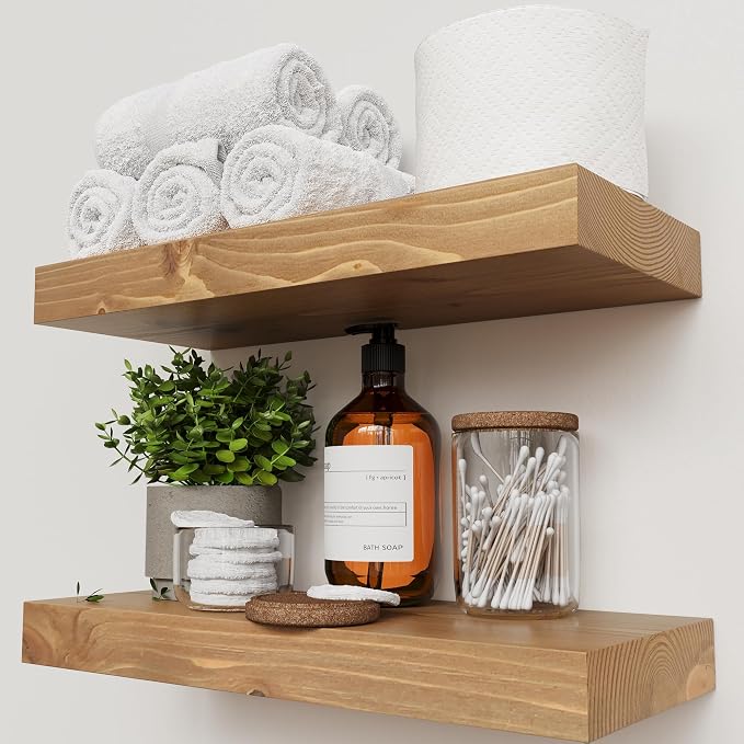 BAOBAB WORKSHOP Natural Wood Floating Shelves for Wall 16 inch - Floating Wall Shelves for Kitchen Bedroom - Wooden Bathroom Shelves - Floating Shelf - Oak Finish, 16W x 6.7D, Set of 2 | Solid Wood, Wall Mount, Kitchen Bedroom, Rustic Farmhouse, Oak Fi...